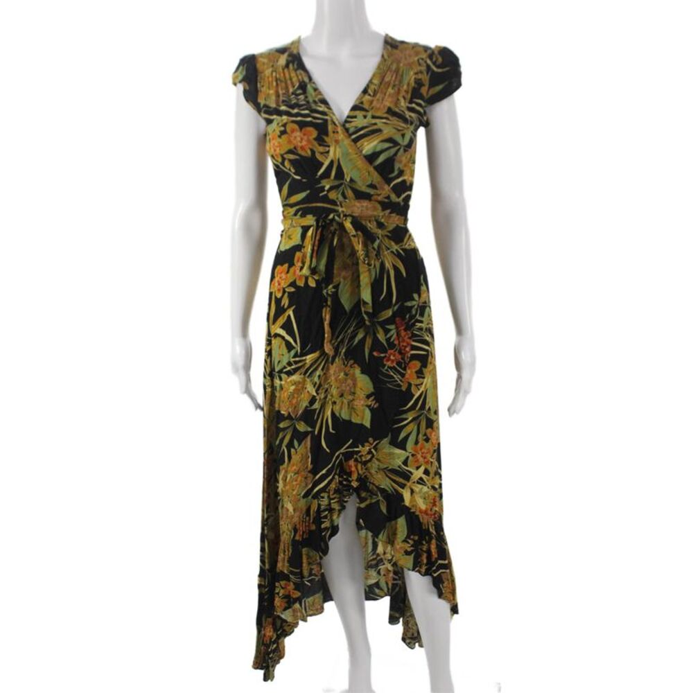 Cindi Gindi Womens Black Floral Maxi Dress V-Neck Short Sleeve Size S